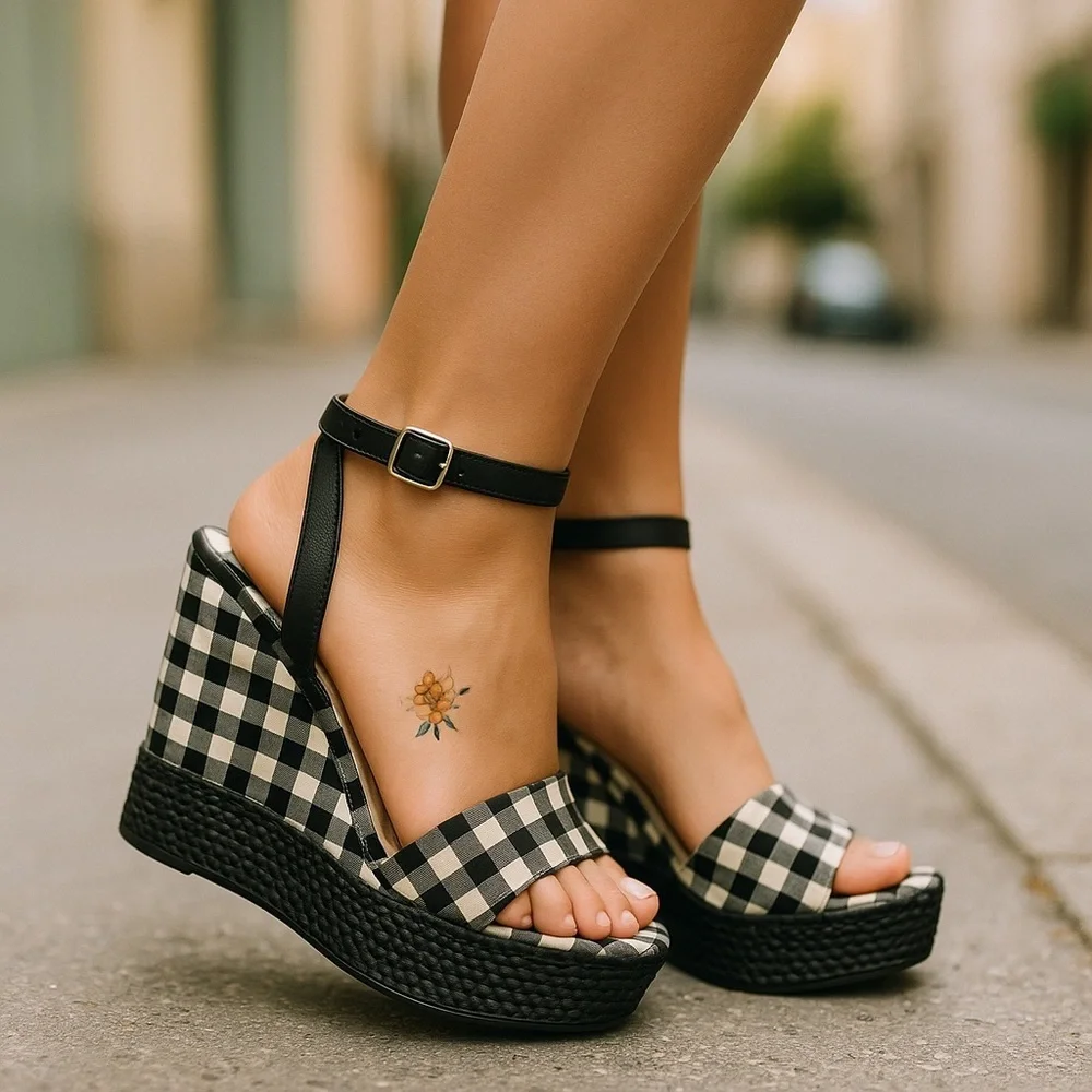 Save The Queen Wedge Sandals Black White Fabric Checks EU 37 US 7 Made In Italy